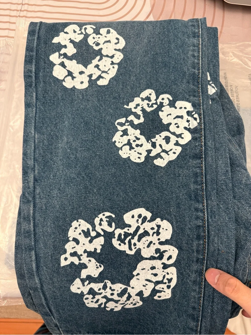 Women’s Blue Denim Jeans with White Floral Print